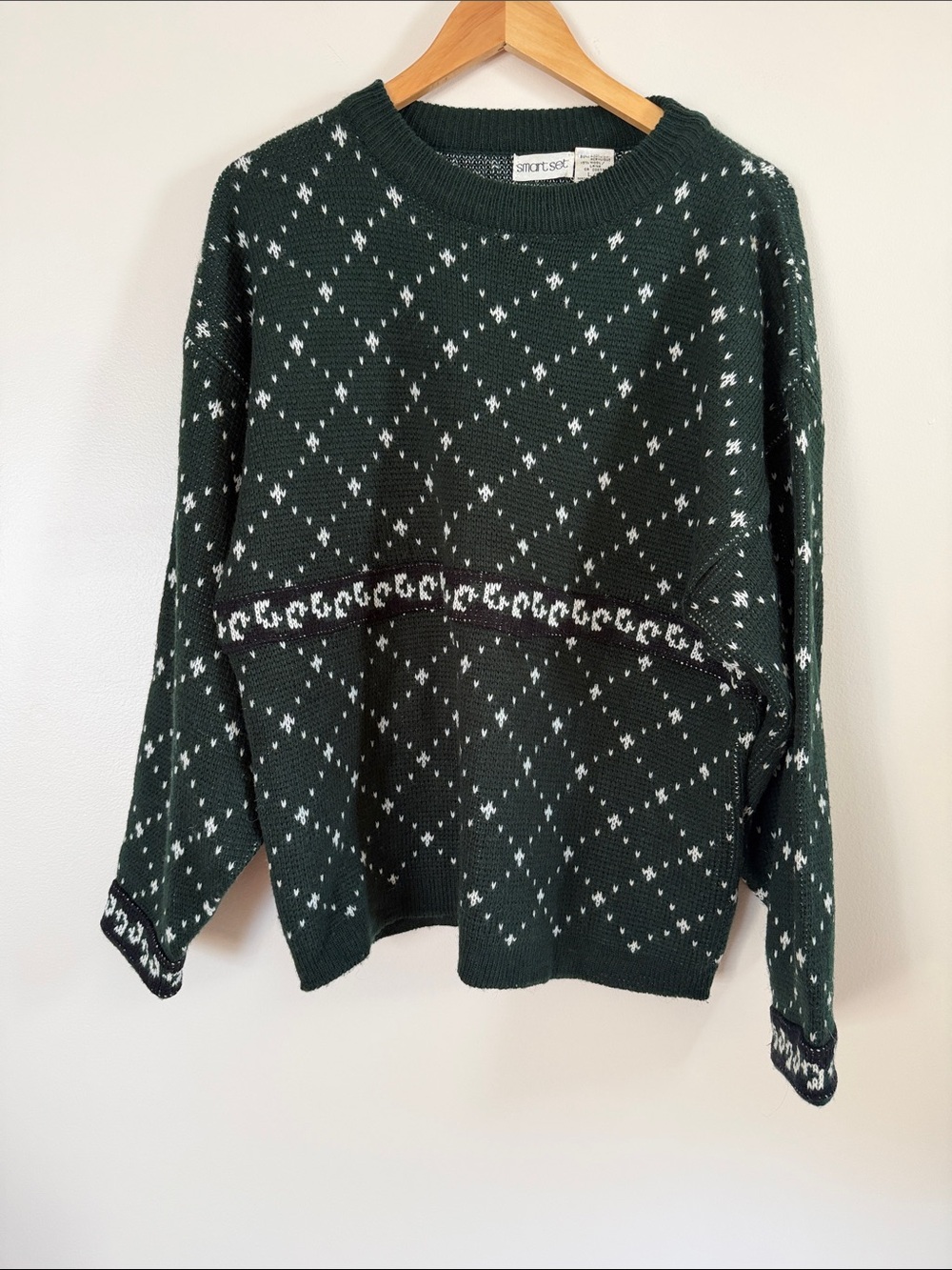 Vintage Smart Set Forest Green & White Wool Blend Patterned Crewneck Sweater